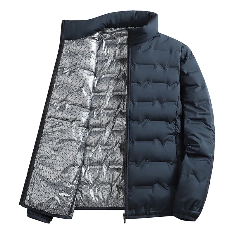Gray men's winter down jacket by FanzyMarket featuring a stand collar, windproof and thickened for warm outdoor hiking and casual wear.