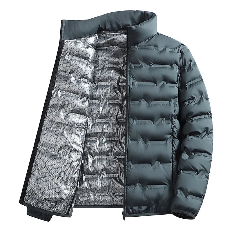 Gray men's winter down jacket by FanzyMarket featuring a stand collar, windproof design, and thick insulation for outdoor warmth.