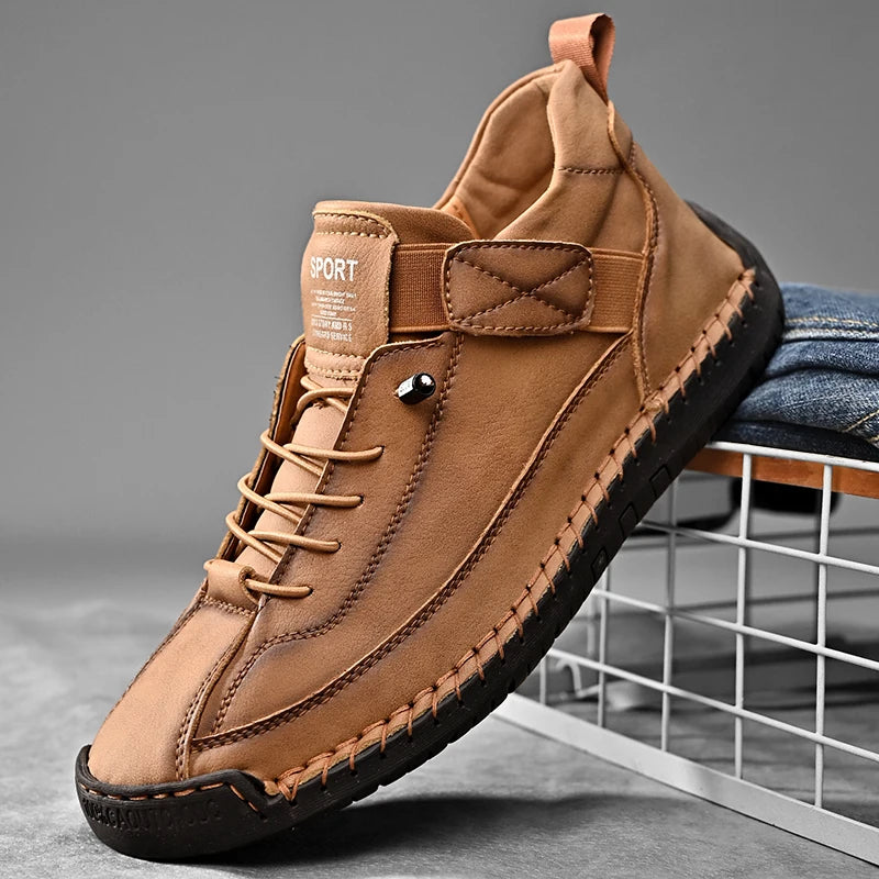 Brown handmade men's PU leather slip-on loafers with breathable design, casual moccasin style, rubber outsole, available in plus sizes.