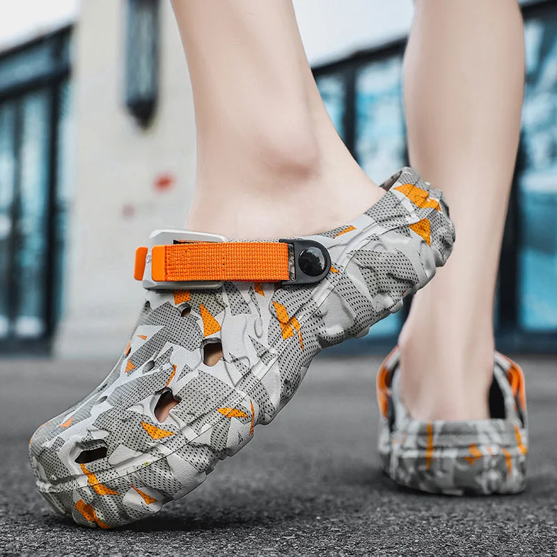 Men's camouflage EVA clogs slip-on garden sandals by FanzyMarket, casual outdoor and home footwear with orange design.