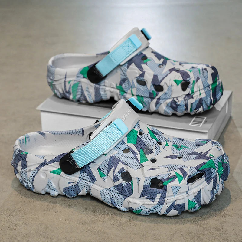 Men's camouflage EVA clogs slip-on garden sandals by FanzyMarket, casual outdoor and home footwear with vibrant orange design.