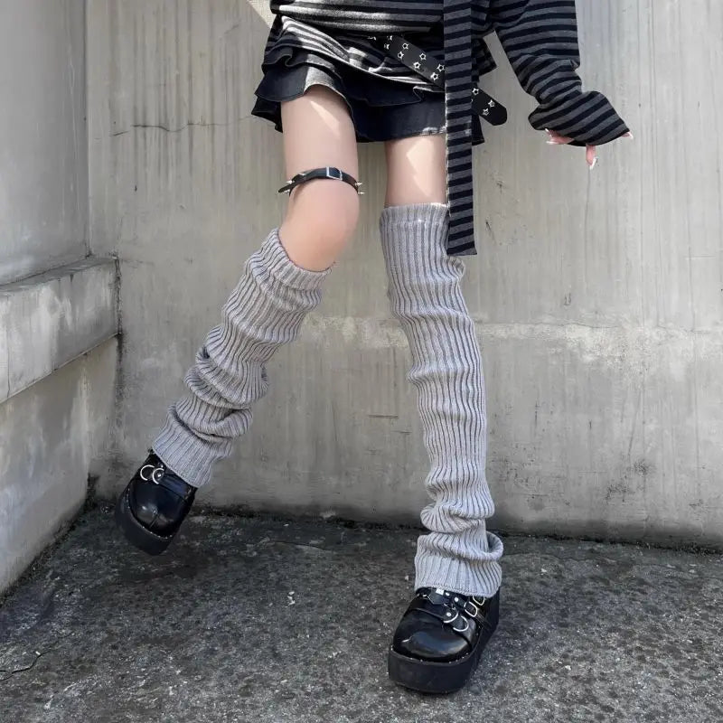 Pair of FanzyMarket knit bubble leg warmers with gothic crochet design in 40, 50, or 70 cm length, perfect for punk or Y2K fashion.