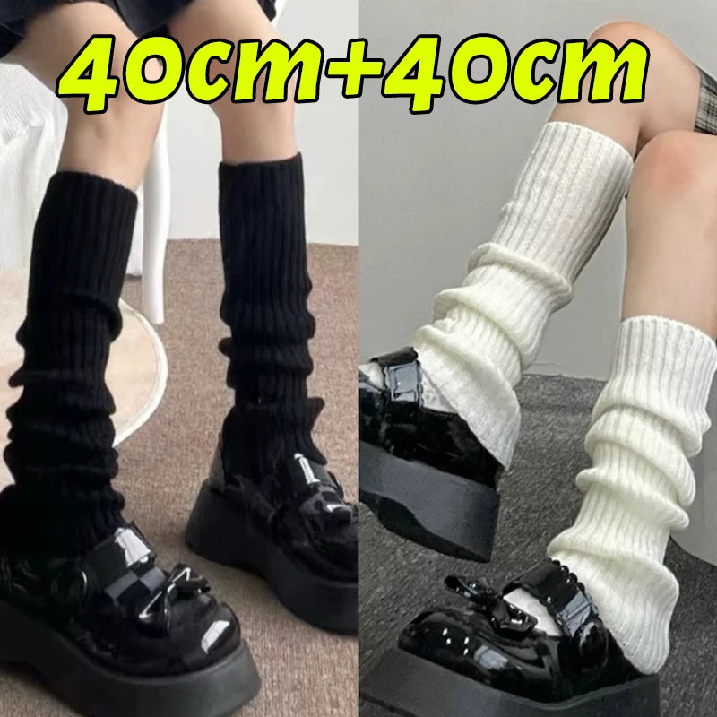 Y2K fluffy knit leg warmers for women, black and white, Gothic Lolita arm and boot covers, in multiple lengths.