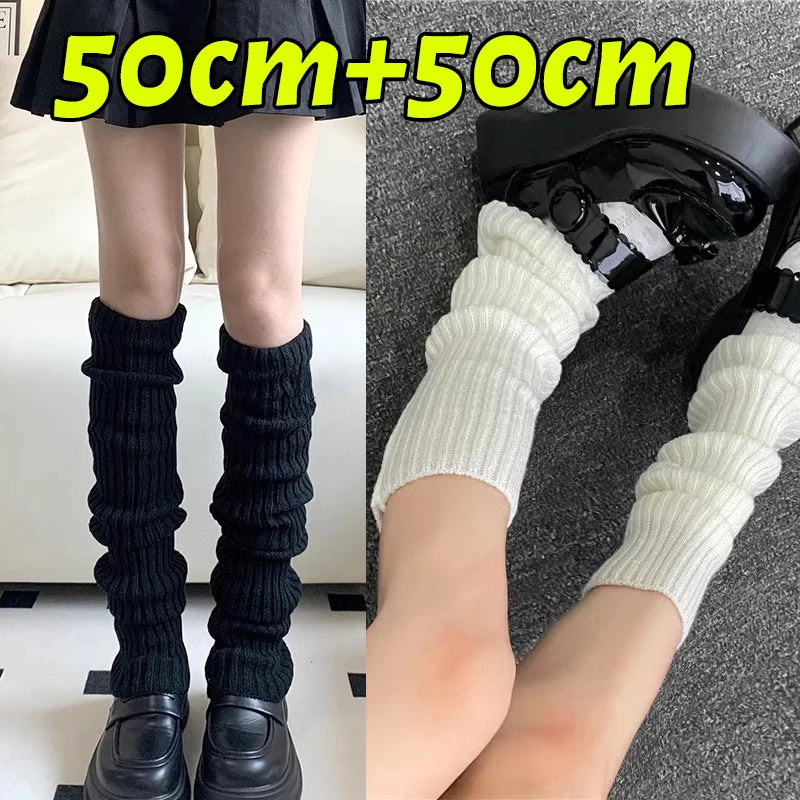 Black and white Y2K fluffy knit leg warmers for women, Gothic Lolita arm and boot covers, available in multiple lengths.