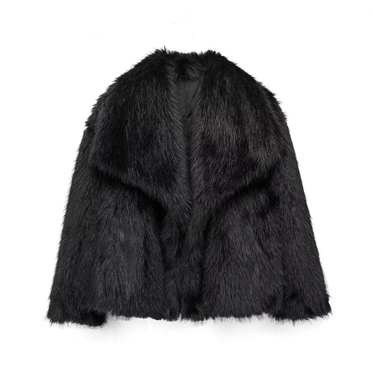 White cropped faux fur jacket for women with long sleeves, snap-button lapel collar, thick winter coat by FanzyMarket.