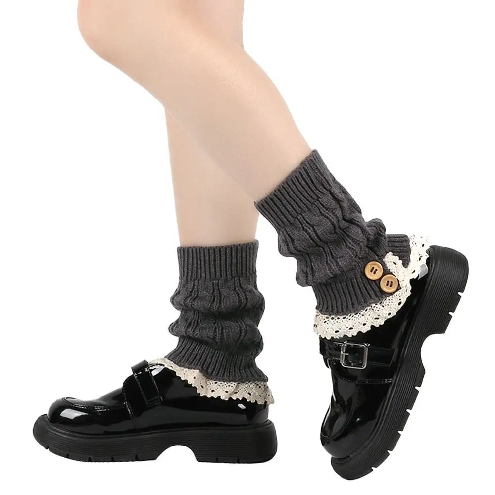 FanzyMarket white Lolita Harajuku knit leg warmers, thick winter ankle boot socks for women and girls, 21 cm length.