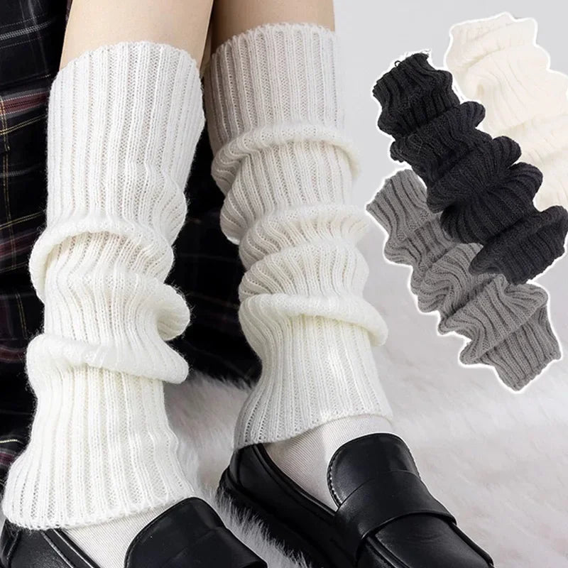 FanzyMarket women's white knit leg warmers, 40cm acrylic boot cuffs, Japanese Lolita crochet socks, long and elastic, pair of accessories.