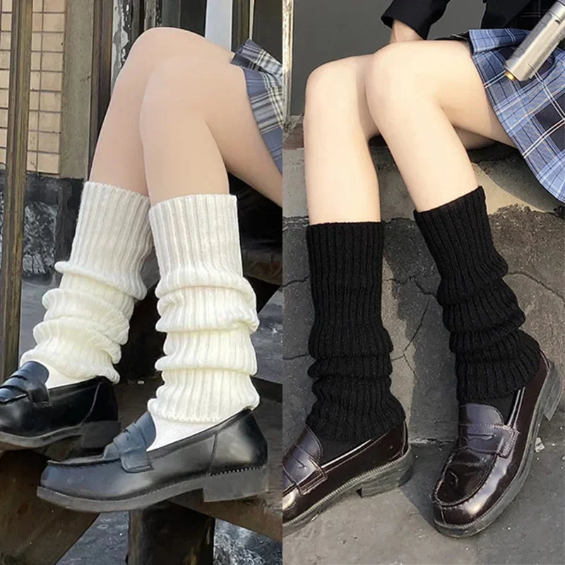 Pair of white women's 40cm knit acrylic leg warmers with long crochet design, ideal as Lolita fashion accessories.