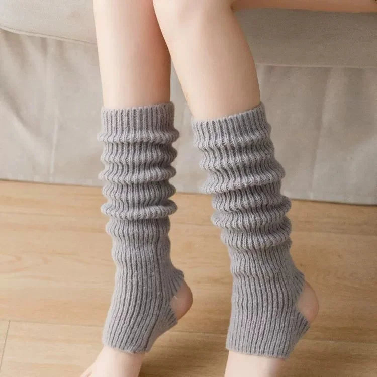 White over-the-calf knitted sock and leg warmer with stirrup, 41 cm long, for women and unisex, cozy boot cuff accessory.