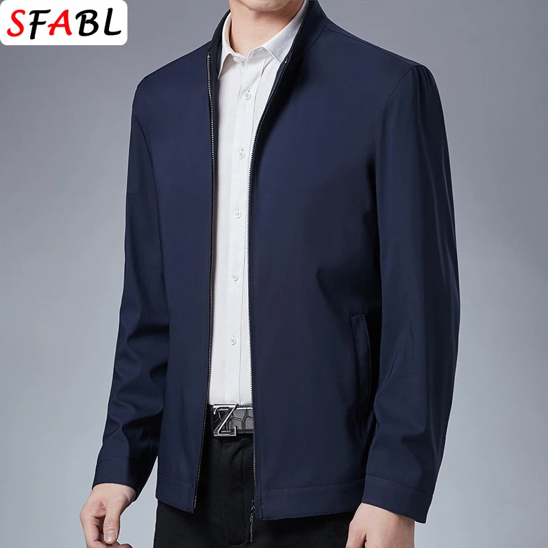 FanzyMarket men's dark khaki zipper blazer jacket, smart casual outerwear for spring and autumn, shown on a model.