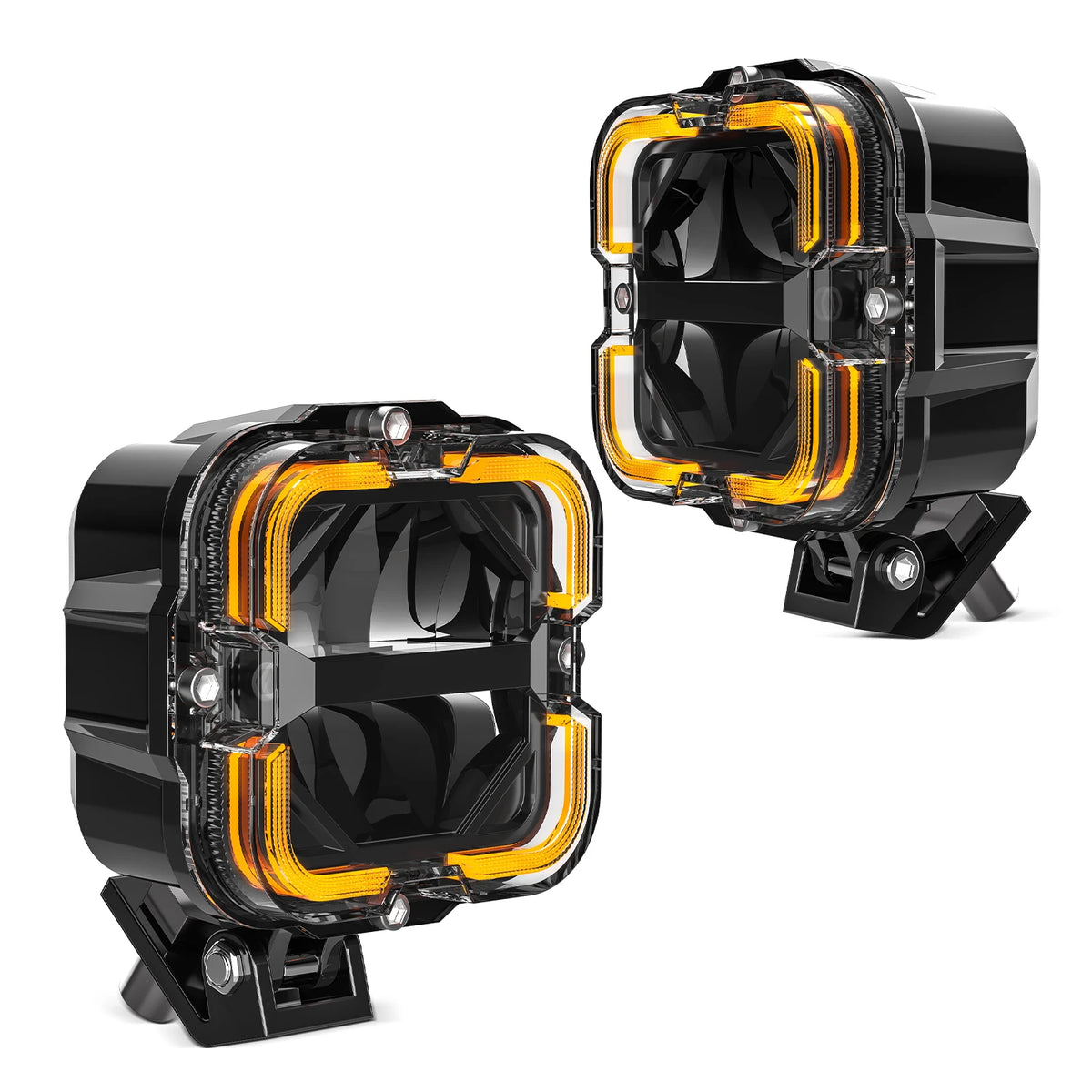Pair of FanzyMarket 60W LED work light bars with white and amber DRL for off-road trucks, SUVs, ATVs, and motorcycles.