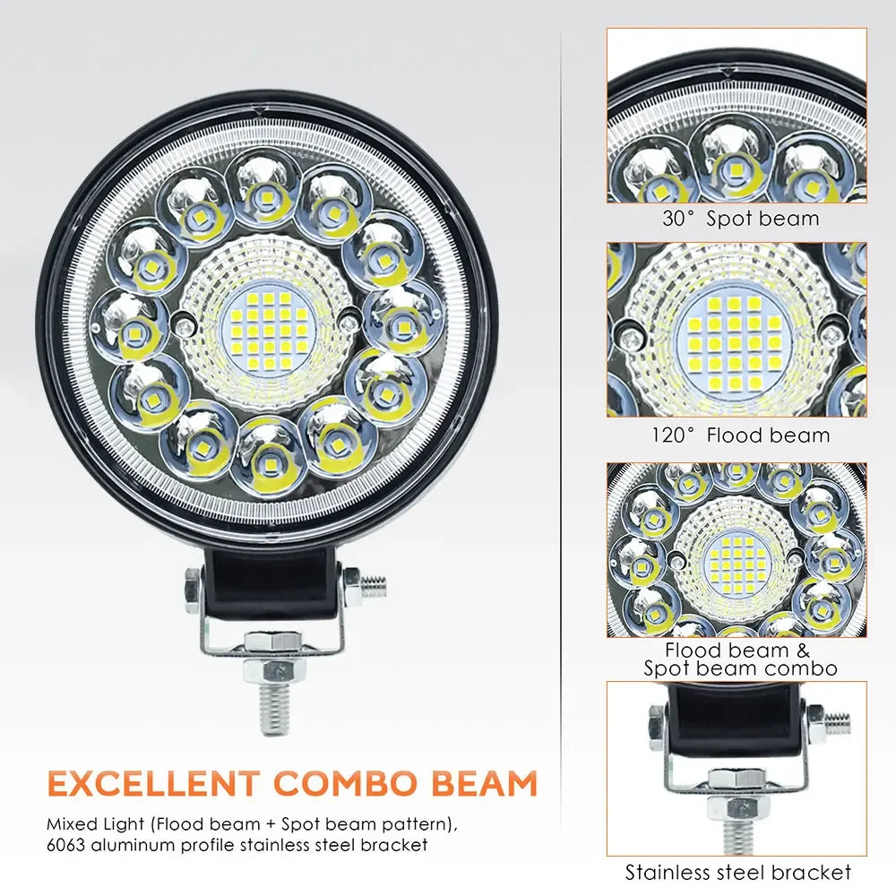 Square 4-inch LED work light by FanzyMarket showing bright 123W off-road spot and flood beam with IP67 waterproof design.