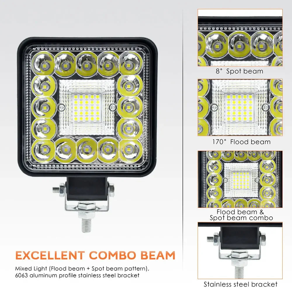 Square LED work light by FanzyMarket, 4-inch 99W/123W off-road spot flood fog lamp, IP67 waterproof, suitable for 12-36V vehicles.