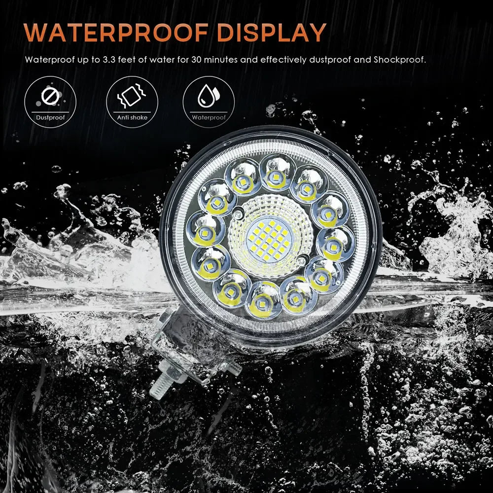 Square LED work light by FanzyMarket, 4-inch 99W/123W off-road spot flood fog lamp, IP67, suitable for cars, 12-36V.