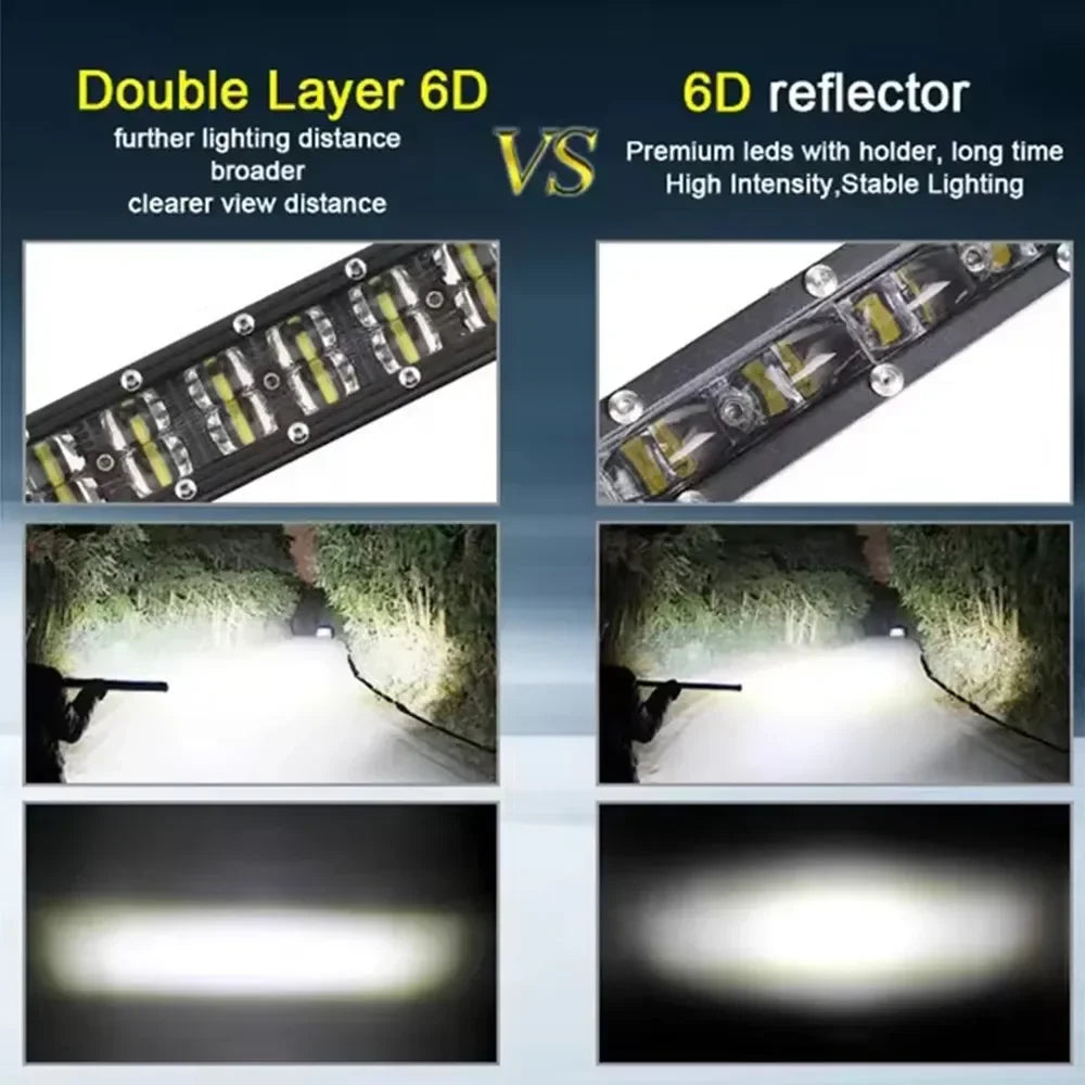 FanzyMarket 6D Lens dual-row LED light bar with spot and flood combo, available in 8in, 14in, and 20in sizes for off-road vehicles.