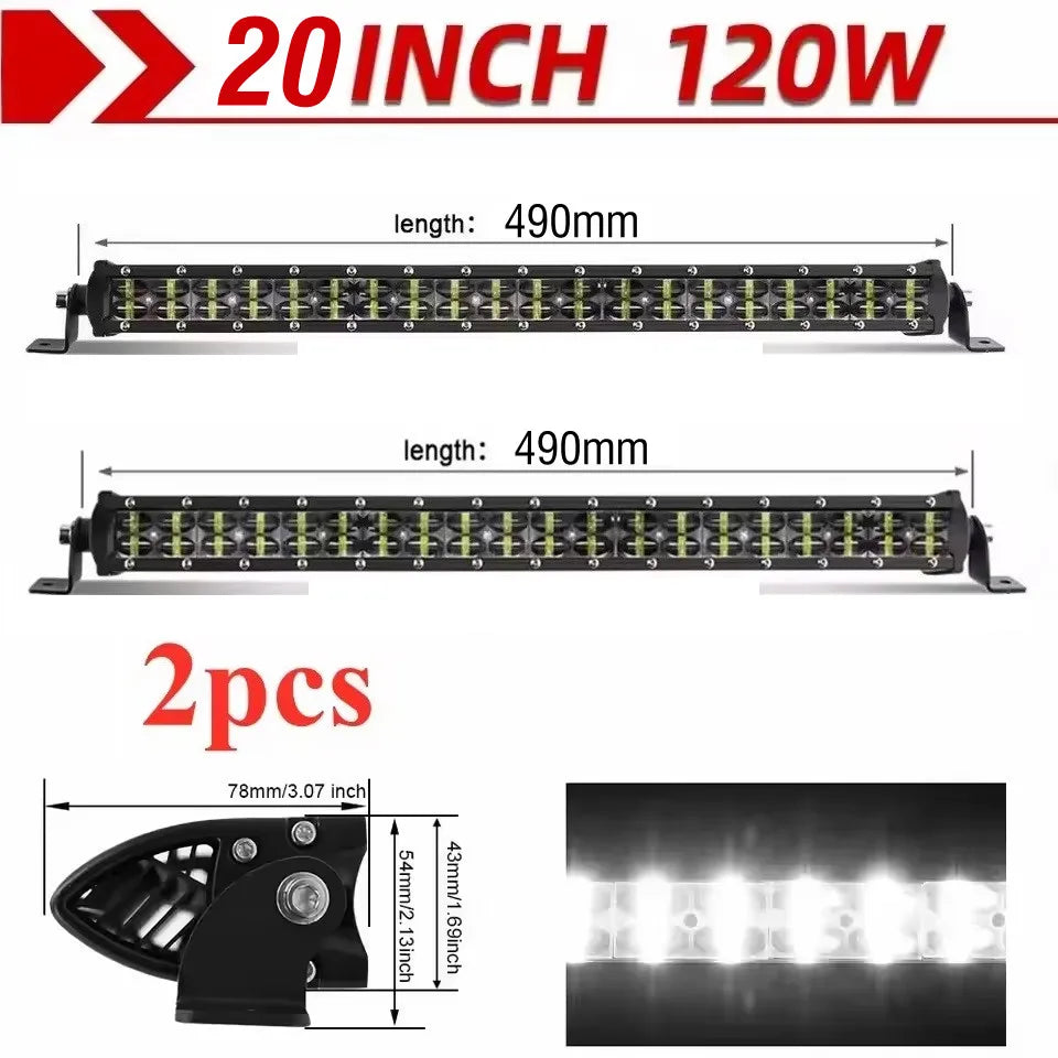FanzyMarket 6D Lens Dual-Row LED Light Bar showing spot and flood beams in 8, 14, or 20-inch sizes for off-road vehicles.