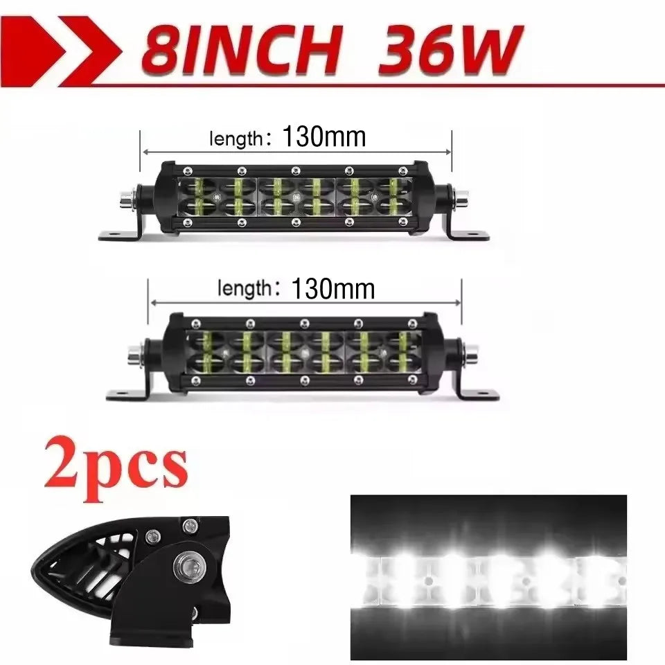 FanzyMarket 6D Lens dual-row LED light bar with spot and flood beams, available in 8in, 14in, and 20in sizes, for off-road vehicles.