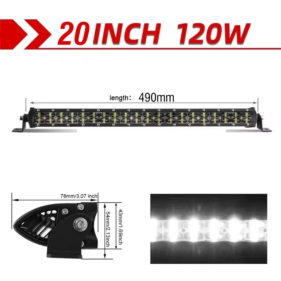 FanzyMarket 6D Lens Dual-Row LED light bar with spot and flood beams, 8in to 20in sizes, off-road work light for trucks and SUVs.
