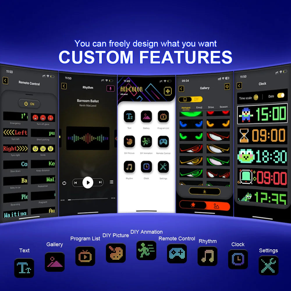 Flexible RGB LED scrolling sign for cars and trucks with Bluetooth app control, featuring devil eyes display on windshield.