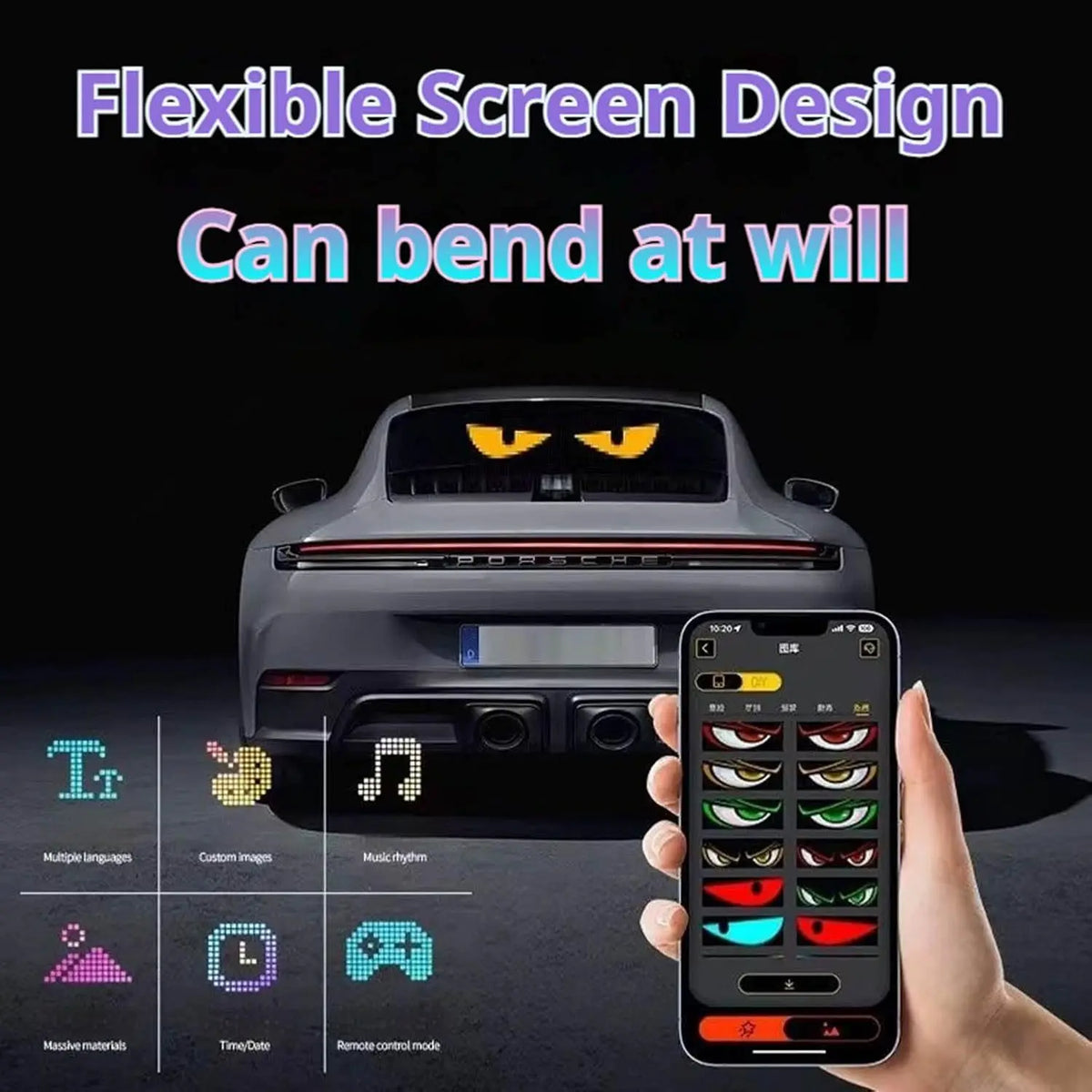 Flexible RGB LED scrolling sign for car windshield, Bluetooth-controlled, with devil eyes display and customizable lighting effects.
