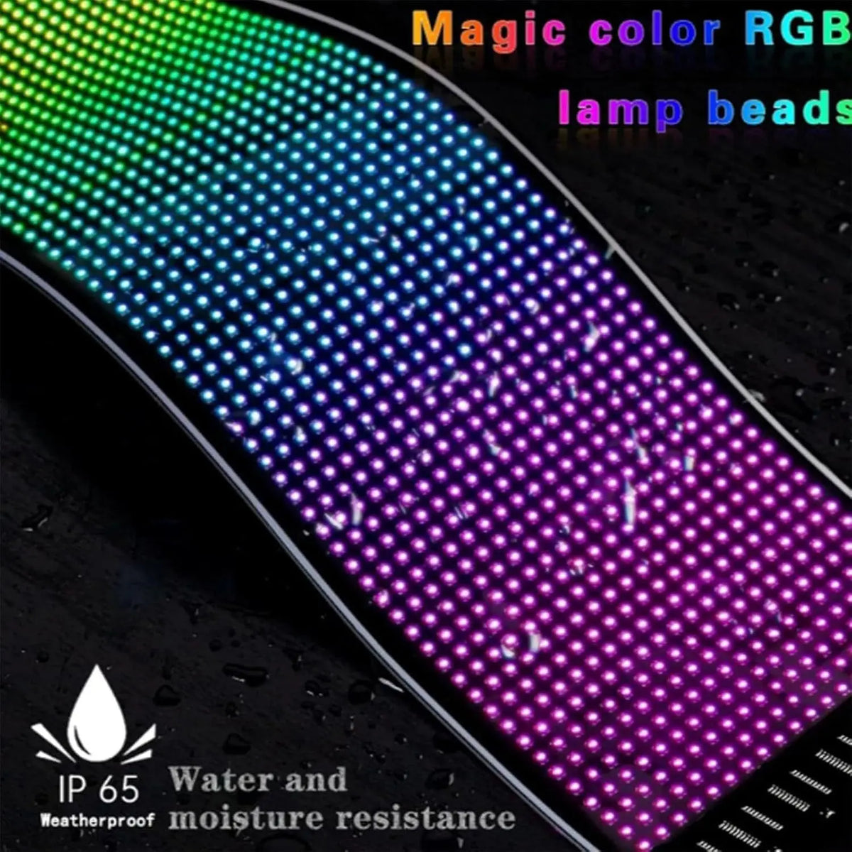 Flexible RGB LED scrolling sign for car or truck windshield, Bluetooth app control, with devil eye design, by FanzyMarket.