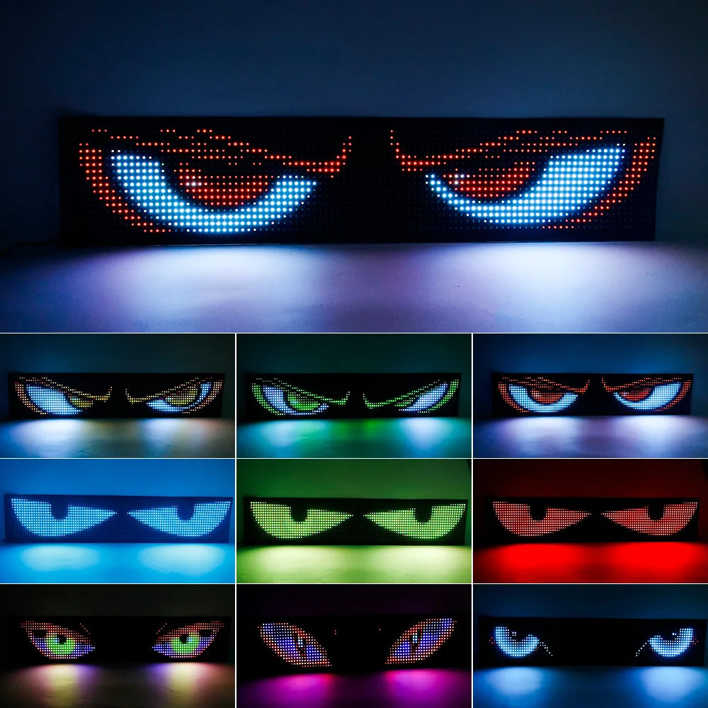 Flexible RGB LED scrolling sign for cars and trucks, Bluetooth-controlled matrix display with devil eyes design by FanzyMarket.