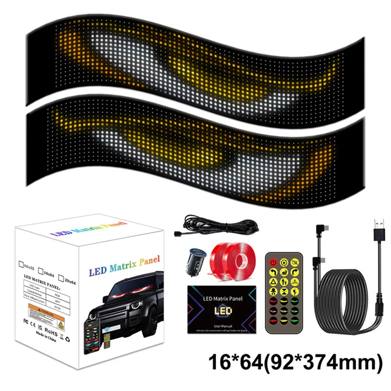 Flexible RGB LED scrolling sign for cars and trucks with Bluetooth app control, featuring devil eyes display on windshield.