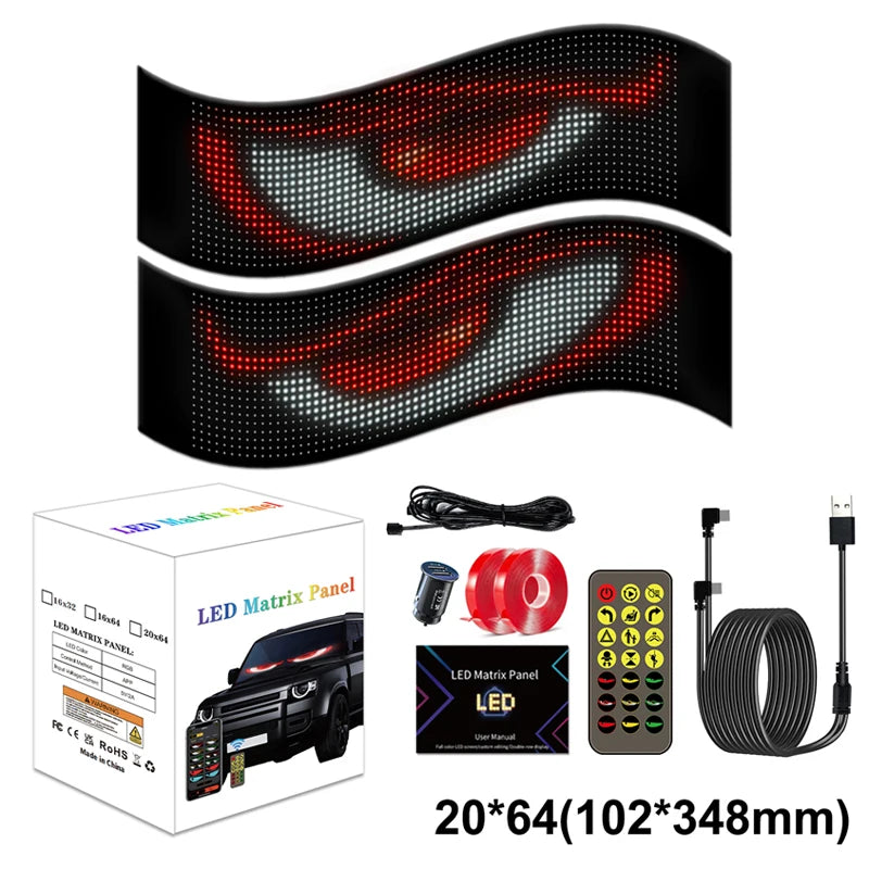 Flexible RGB LED scrolling sign for car and truck windshields, Bluetooth app controlled, with devil eyes display for auto and moto.
