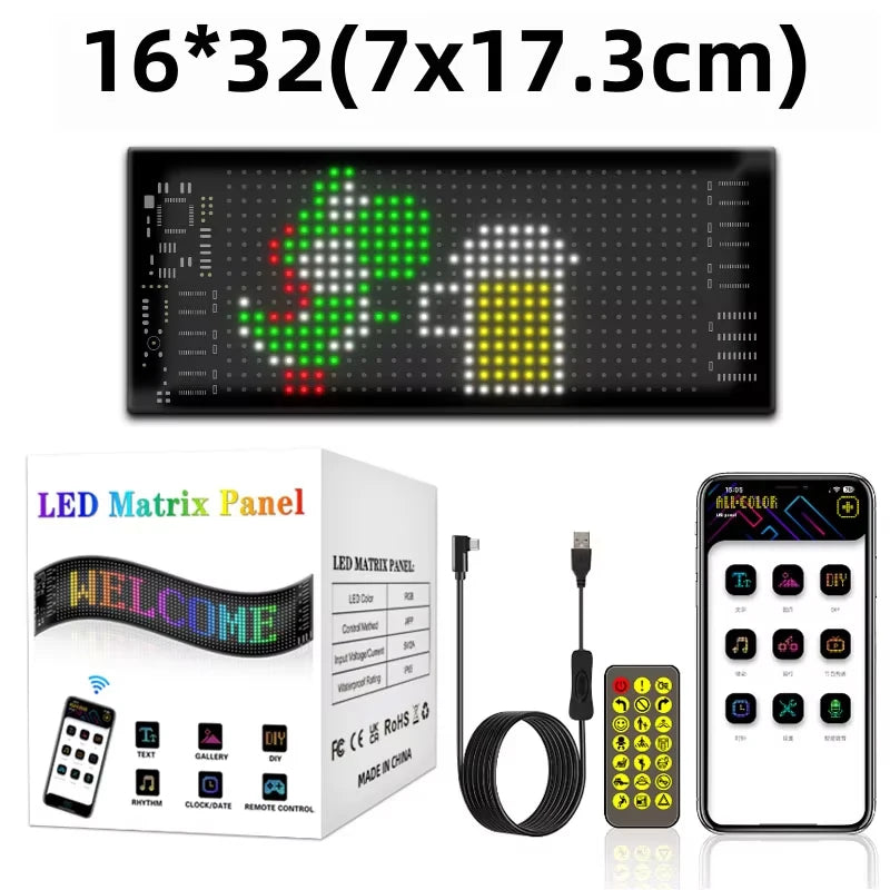 Flexible RGB LED scrolling sign for cars and trucks, featuring devil eyes display controlled via Bluetooth app.