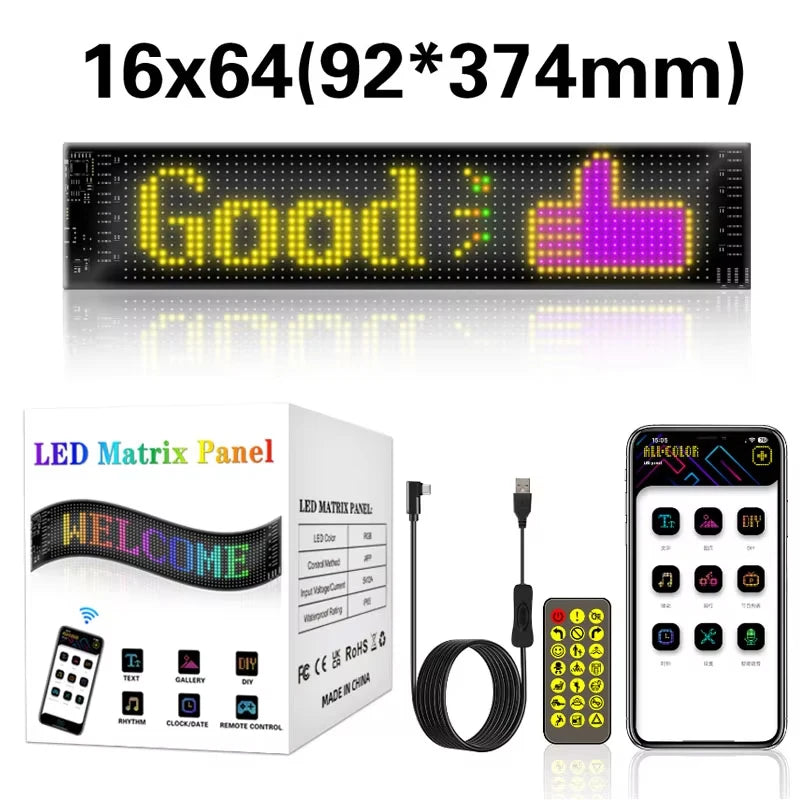 Flexible RGB LED scrolling sign for cars and trucks with Bluetooth app control, featuring devil eyes display on windshield.