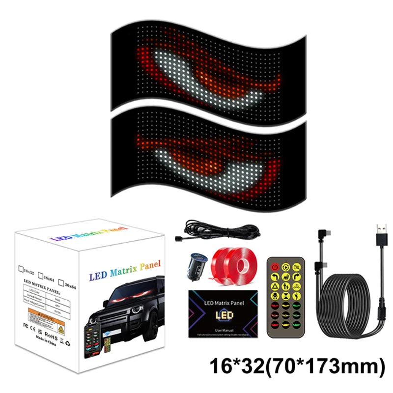 Flexible RGB LED scrolling sign for cars and trucks, Bluetooth-controlled with devil eyes display on windshield.
