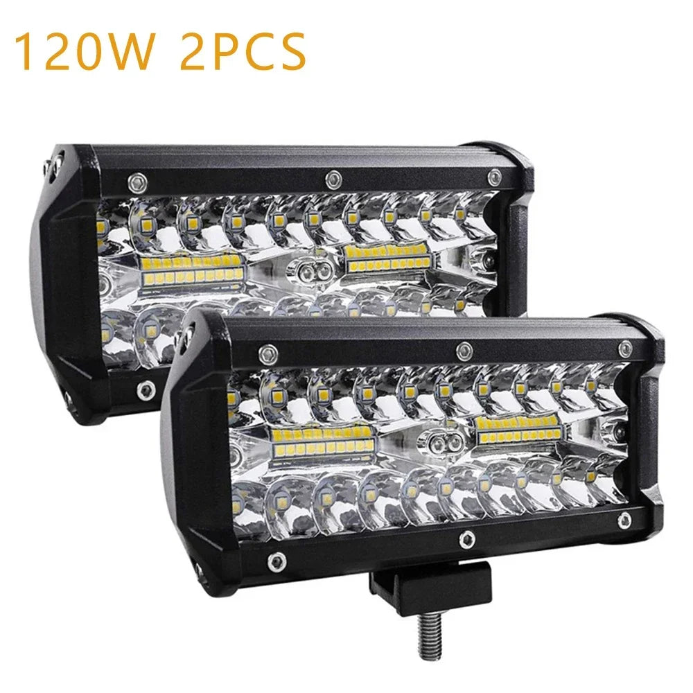 FanzyMarket LED work light bars, 4in and 7in, combo spot and flood beams for 4x4 trucks, ATVs, and off-road vehicles.