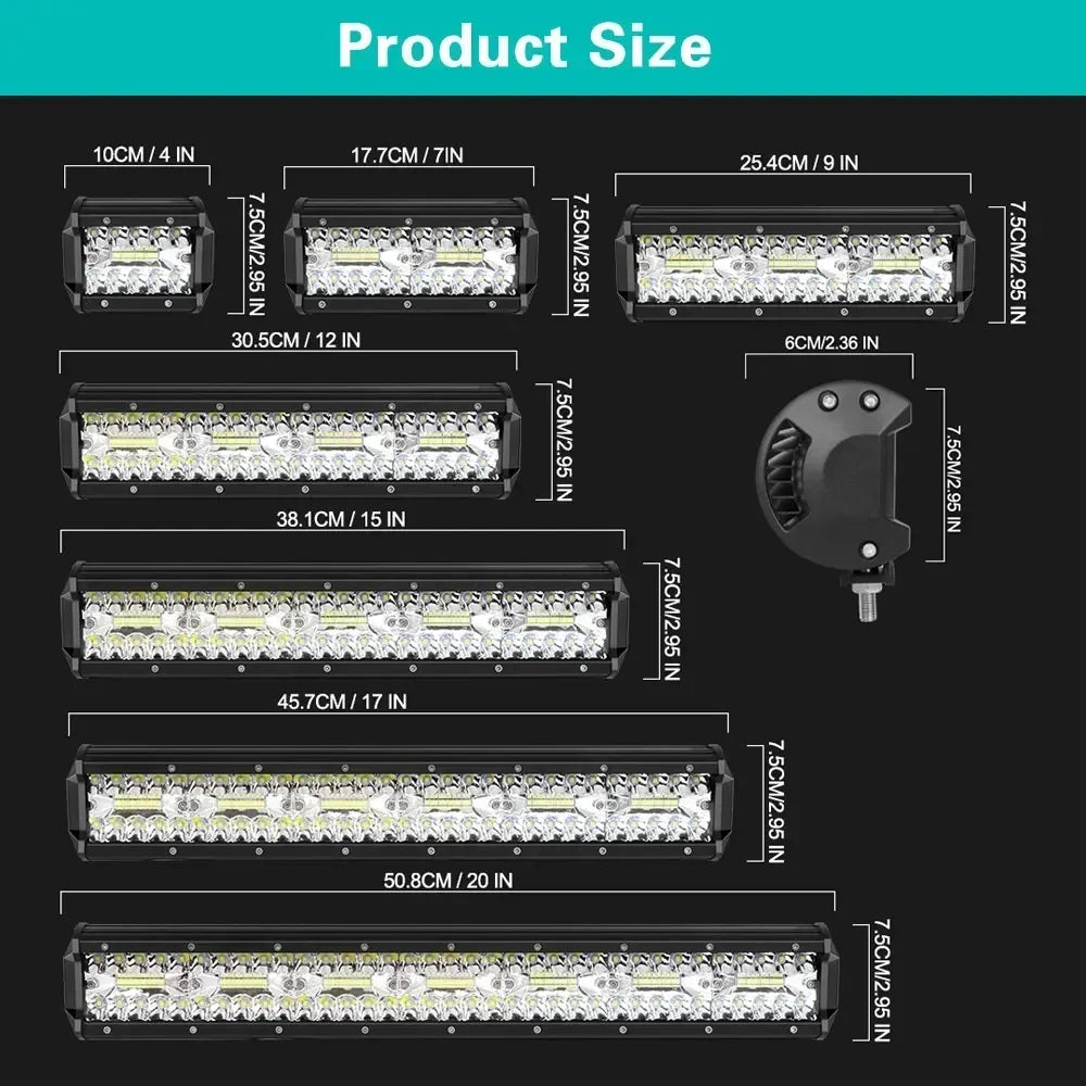 Two FanzyMarket 7-inch LED light bars, waterproof flood/spot driving lights for off-road trucks, SUVs, ATVs, and boats.