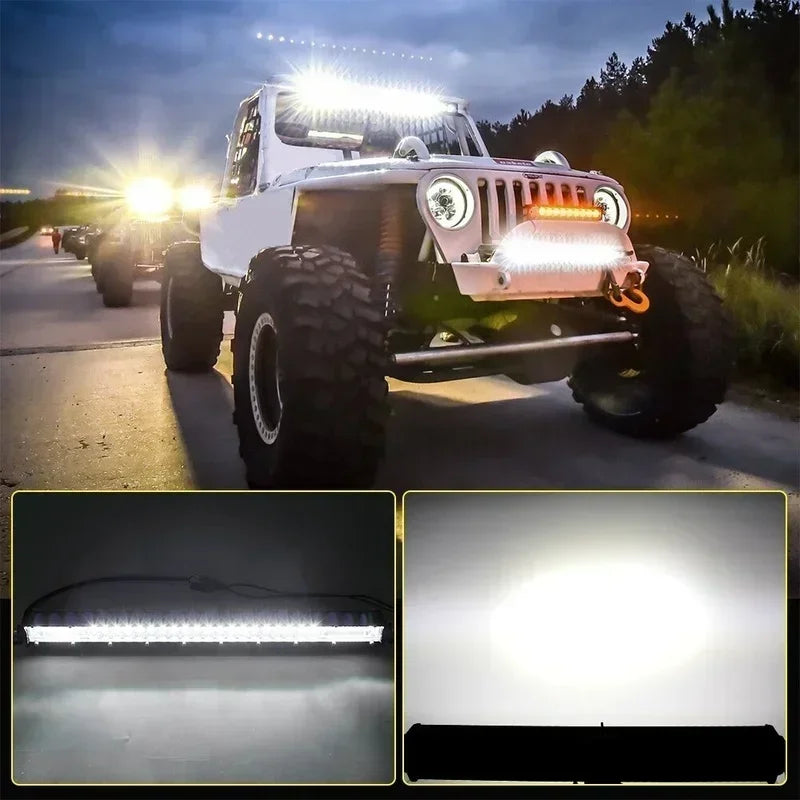 Two FanzyMarket 7-inch LED light bars, waterproof flood and spot beams for off-road trucks, SUVs, ATVs, and boats.