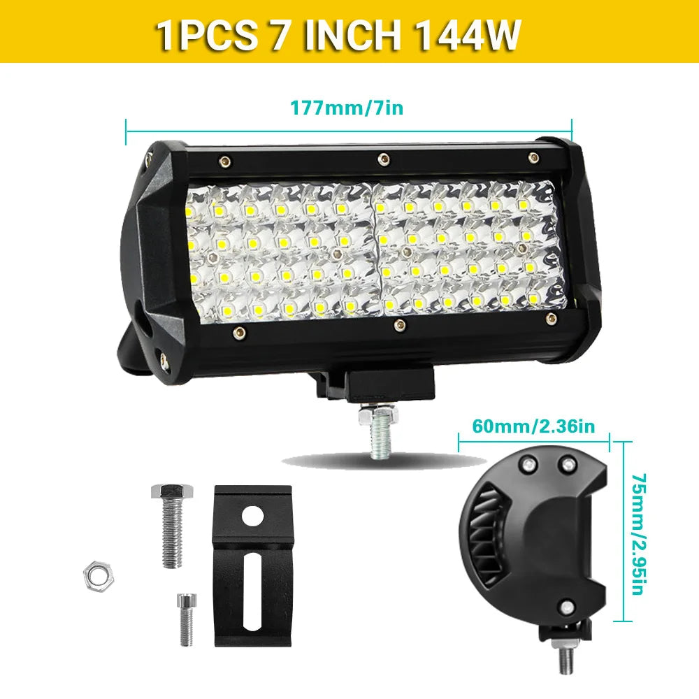Two FanzyMarket 7-inch LED light bars, waterproof 60-500W flood and spot beams for off-road trucks, ATVs, SUVs, and boats.