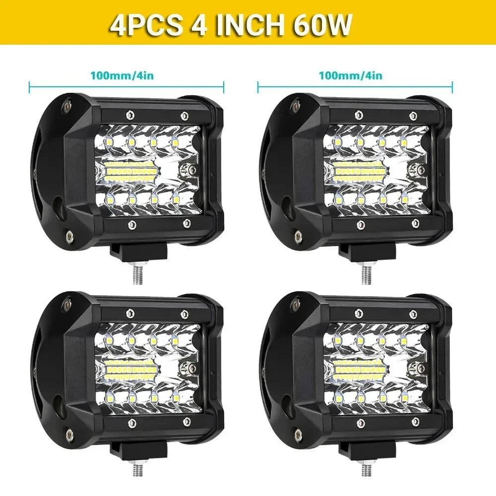 Two FanzyMarket LED light bars, 7-inch size, 120W, waterproof IP67 flood and spot beams for off-road trucks, SUVs, and boats.