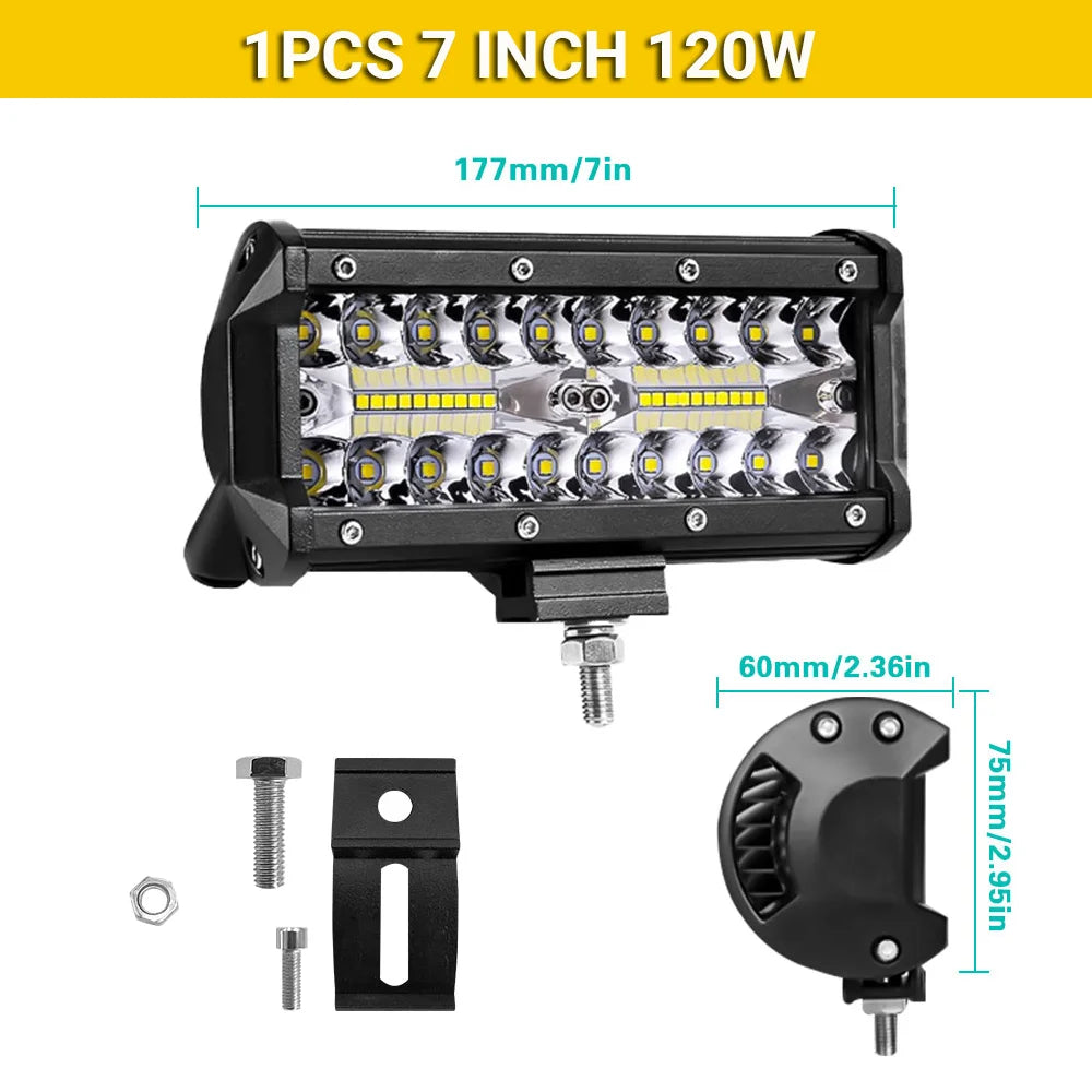 Two 7-inch FanzyMarket LED light bars, 120W each, waterproof IP67 flood and spot lights for off-road trucks, SUVs, ATVs, and boats.