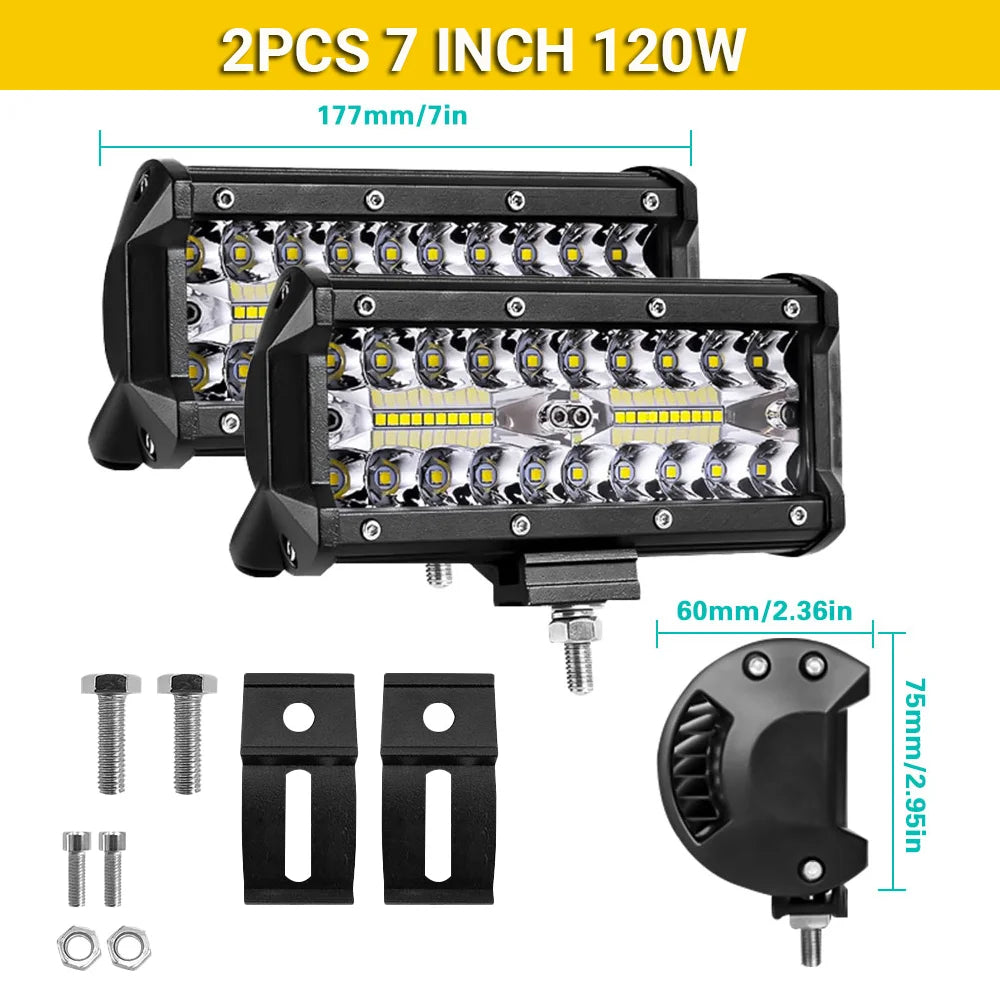 Two 7-inch FanzyMarket LED light bars, waterproof 60-500W flood and spot lights for off-road trucks, ATVs, SUVs, and boats.