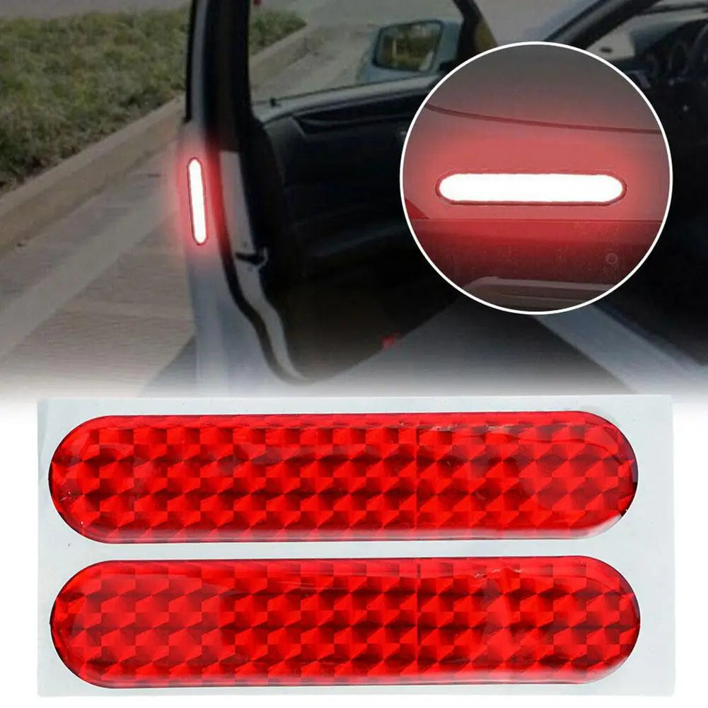 Two red reflective car door safety stickers from FanzyMarket, interior warning reflector tape, 10.6 x 2.3 cm for auto and moto use.
