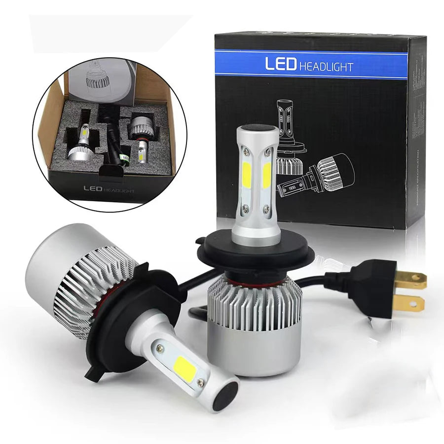 Pair of 12V LED Headlight Bulbs by FanzyMarket, bright white 6000K auto replacement for H4 9003 HB2 headlights.