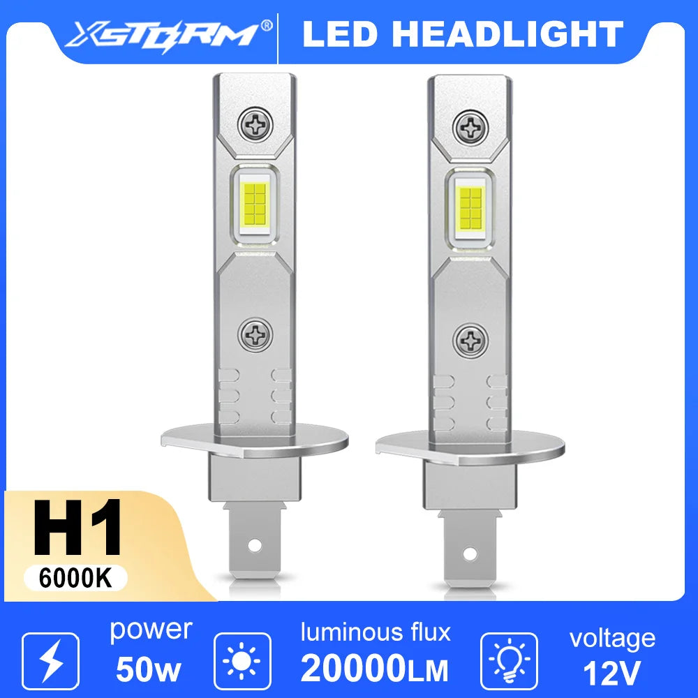FanzyMarket H1 H3 LED headlight bulb, 50W, dual color 3000K/6000K, 20000LM, IP68 waterproof for auto and motorcycle use.
