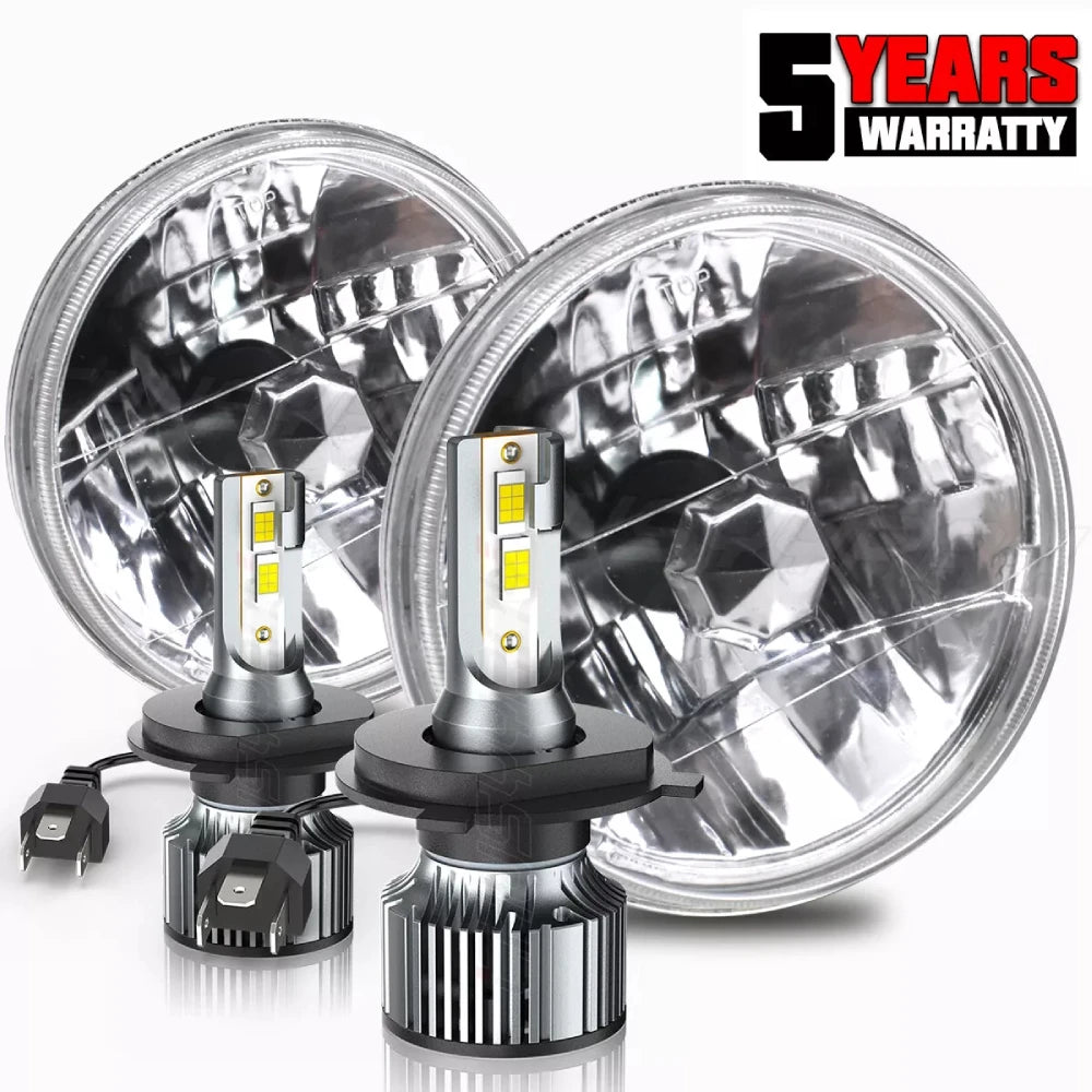 Pair of 7-inch round LED car headlights by FanzyMarket with 12V H4 bulbs, 6500K color temperature, 20,000 lumens, plug and play.
