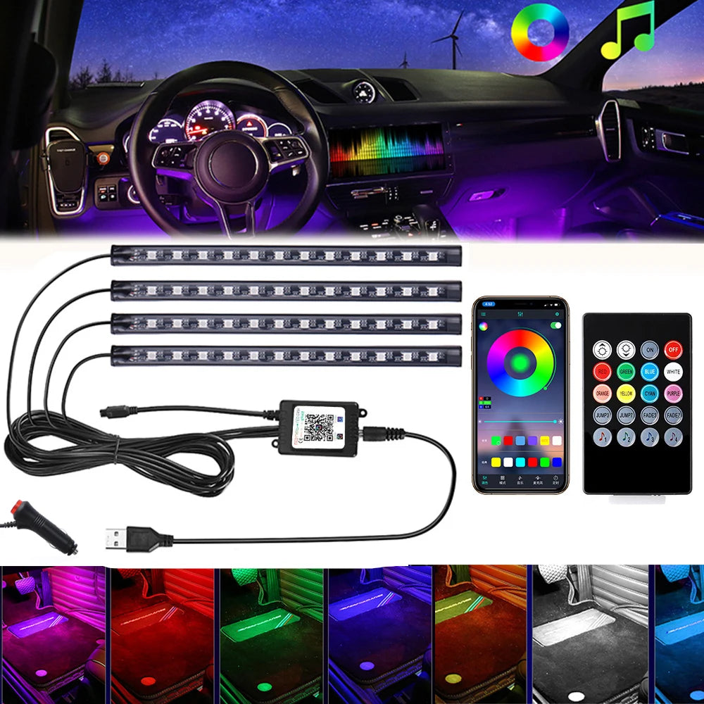 RGB LED car interior footwell light strip from FanzyMarket with remote, app control, USB or cigarette lighter power, 36/48/72 LEDs.