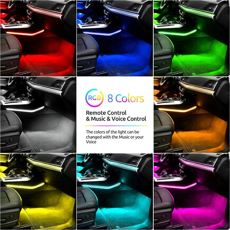 FanzyMarket 72 LED RGB car interior footwell ambient light strip with remote, voice, and app control, USB or cigarette lighter powered.