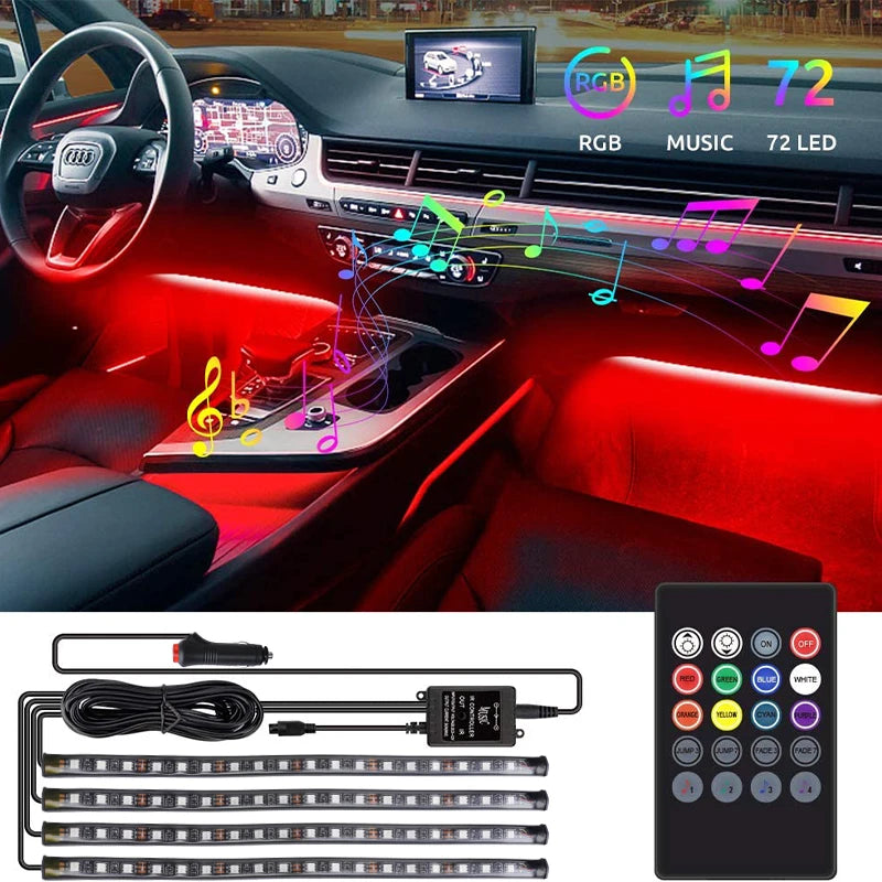 FanzyMarket 72-LED RGB car interior footwell ambient light strip with remote, app, voice control, USB or cigarette lighter power.