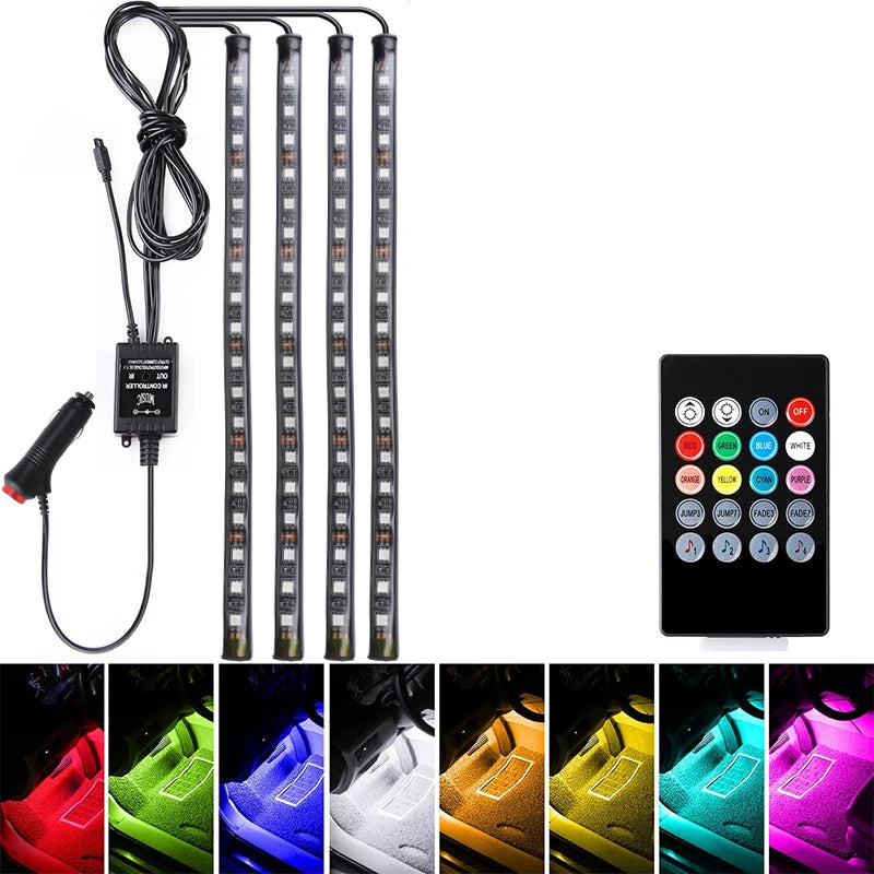 FanzyMarket 72 LED RGB car interior footwell ambient light strip with remote, app control, USB or cigarette lighter power