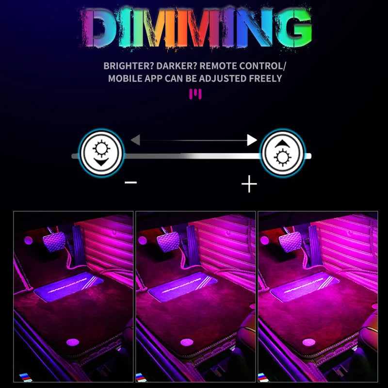 FanzyMarket 72 LED RGB car interior footwell ambient light strip with remote, voice, and app control, USB or cigarette lighter powered.