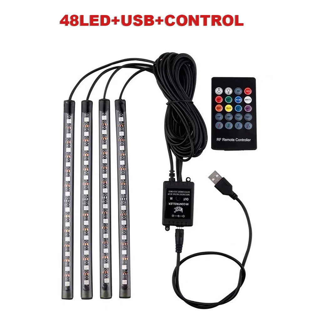 FanzyMarket RGB LED car interior footwell ambient light strip with remote, voice, and app control, USB or cigarette lighter powered.