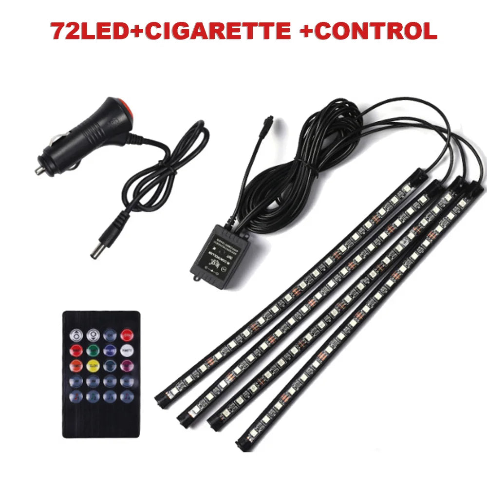 FanzyMarket 72 LED RGB car interior footwell ambient light strip with remote, app, voice control, USB or cigarette lighter power.