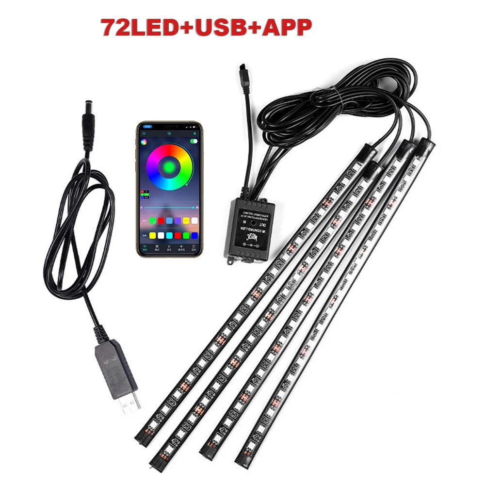 FanzyMarket 72 LED RGB car interior footwell ambient light strip with remote, voice, and app control, powered via USB or cigarette lighter